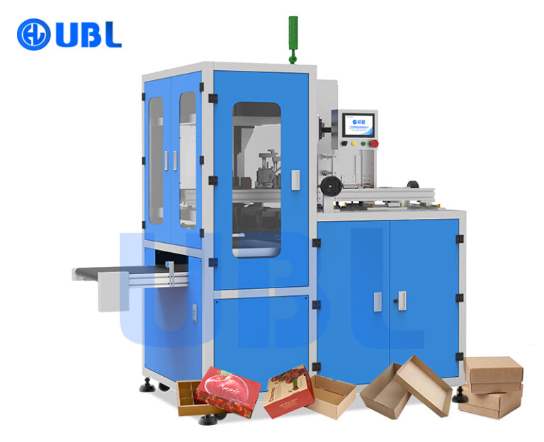 UBL-ZP30 automatic rigid box with lid glue spraying and folding machine for fruit boxes, electronic product packaging, hardware parts, and cosmetic box production.
