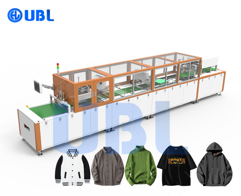 UBL FC-352Y automatic clothes folding and bagging machine with oil paper feeding system, suitable for garment packaging automation.