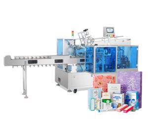 UBL high-speed cartoning machine with transparent blue safety enclosures, featuring a conveyor belt, control panel, and multiple product packaging samples displayed at the bottom right, including various boxed products in different colors and designs.