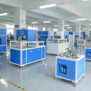 Packaging Machinery Production Workshop – Array of Blue-and-White Automated Equipment Including Carton Forming, Labeling, and Bagging Machines, Showcasing Integrated Packaging Automation Solutions for E-commerce, Food, and Pharmaceutical Industries