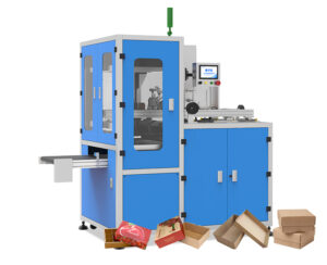 UBL-ZP30 automatic rigid box with lid glue spraying and folding machine for fruit boxes, electronic product packaging, hardware parts, and cosmetic box production.