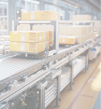 Automated logistics sorting line with multiple boxes being transported orderly on roller conveyors, demonstrating an efficient automated warehouse logistics operation scene