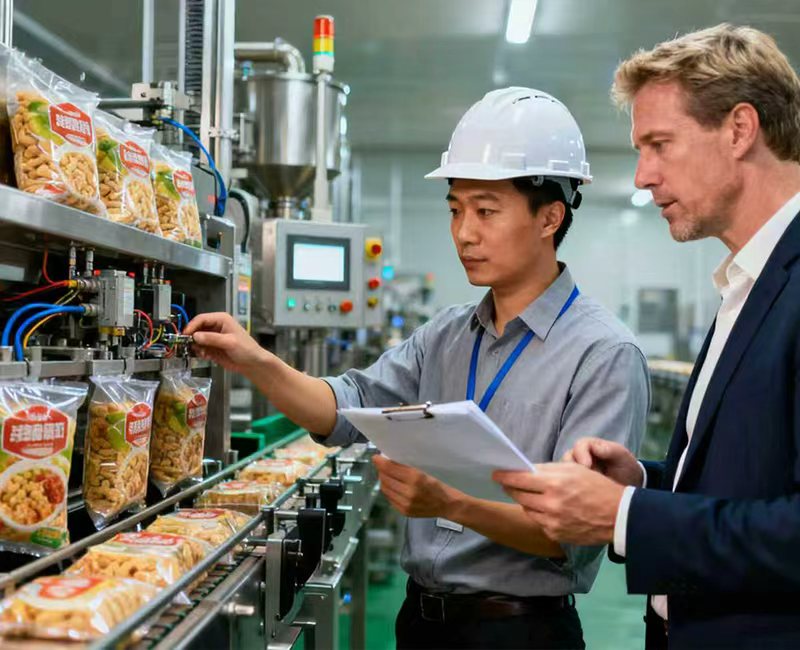 UBL packaging intelligent production line technical collaboration scene: A technician and a partner inspect automated packaging equipment in the UBL packaging production workshop, which is used for packaging UBL standard packaging products, demonstrating the professional production strength and technical docking capabilities of UBL packaging