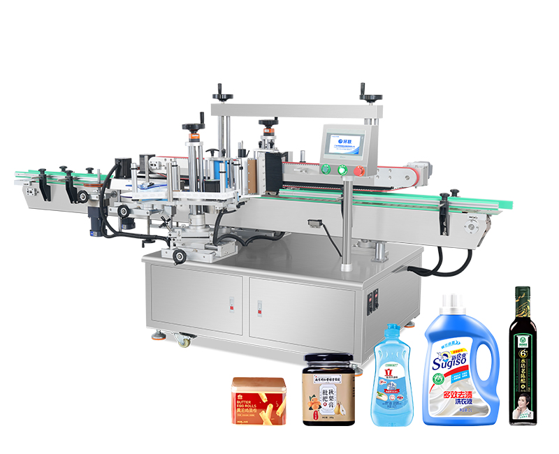 Automatic labeling machine suitable for round bottle products; supports double-sided labeling with eight-way adjustment for height, angle, and position — allowing precise label placement on both sides of bottles.