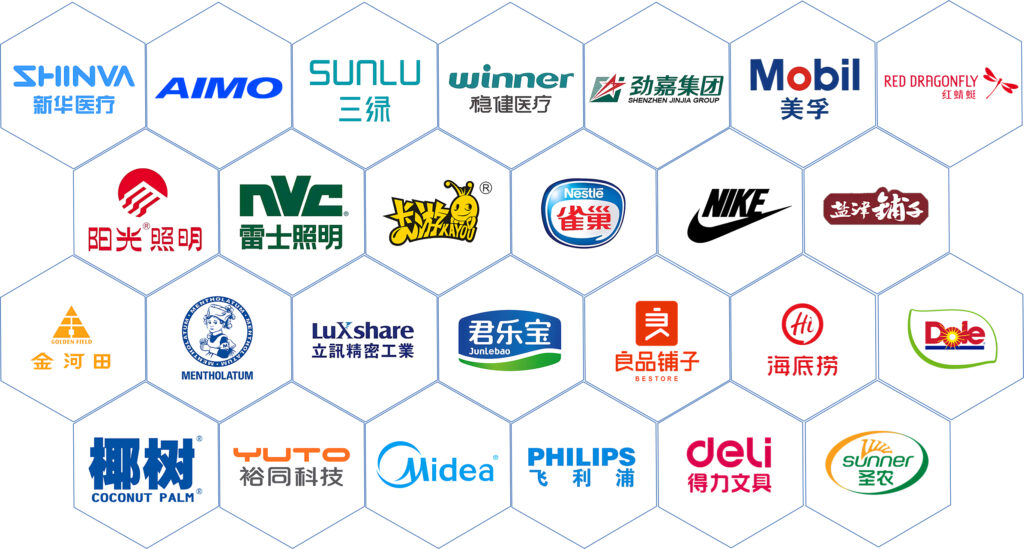 UBL Packaging's partner logo wall, featuring logos of cooperative brands in the food e-commerce and consumer goods industries, showcasing the brand's collaborative strength in automated packaging solutions.