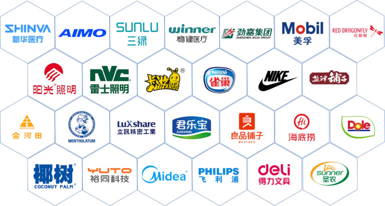 UBL Packaging's partner logo wall, featuring logos of cooperative brands in the food e-commerce and consumer goods industries, showcasing the brand's collaborative strength in automated packaging solutions.