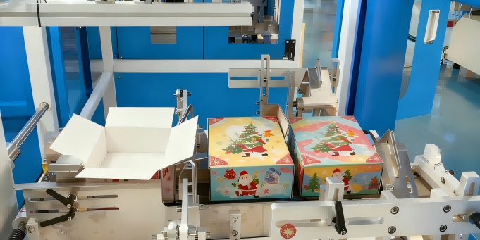 Interior view of UBL box folding machine: In-process folding of Christmas-themed boxes (adorned with Santa Claus and Christmas tree designs), displaying both an unfolded empty carton and finished folded boxes positioned on the equipment