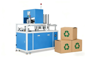 Blue industrial carton forming machine paired with stacked cardboard boxes (marked with recycling symbols) – specialized equipment for manufacturing sustainable packaging