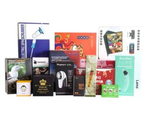 Automatic cartoning machine sample packaging boxes, showing diverse carton types for food, medical, hardware, and consumer electronics industries.