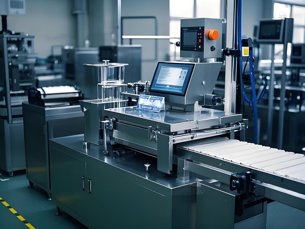 Smart packaging automation equipment in factory - modern industrial machine with digital control panel for automated packaging production