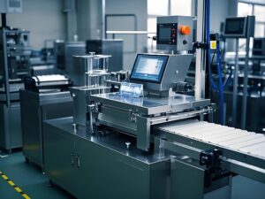 Smart packaging automation equipment in factory - modern industrial machine with digital control panel for automated packaging production