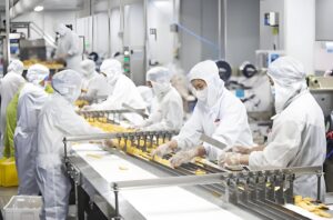 E-commerce Food Packaging Manual Labor - Workers in Cleanroom Attire Processing Hygienic Food Products for E-commerce Fulfillment