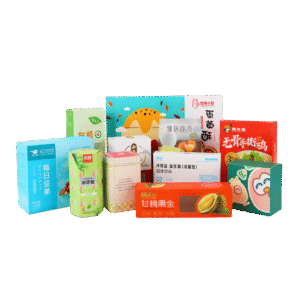 Assorted food packaging boxes (daily nuts, egg yolk pastry, cookies, etc.) in the food industry: UBL Carton Folding Machine is compatible with these different-sized food cartons, addressing packaging line inefficiencies from diverse SKU packaging