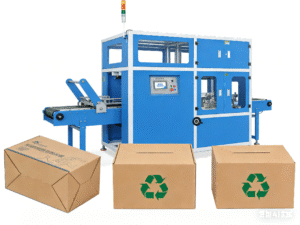 Blue automatic carton forming machine paired with sustainable packaging cartons (marked with recycling logos) – industrial equipment for eco-friendly sustainable packaging production