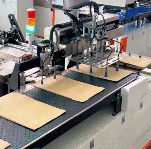 Automated paper bagging machine for high-speed document packaging, featuring industrial vacuum suction cups and a conveyor belt system.