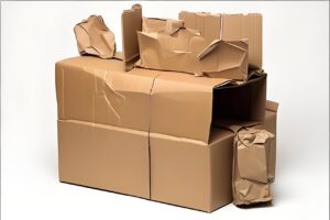 Damaged and crushed cardboard boxes stacked haphazardly, illustrating poor packaging quality or cargo damage during export logistics.
