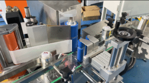 UBL automatic round bottle labeling machine applying labels to spray bottles on a production line, high-speed precision labeling for cosmetic and personal care packaging, Made in China industrial labeling equipment