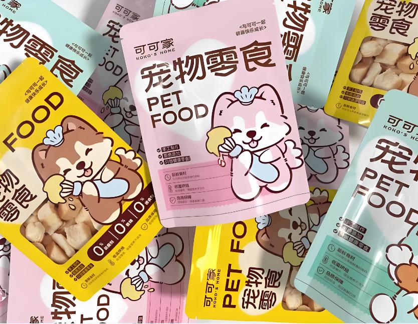 Colorful small batch pet product packaging bags for snacks, featuring cute cartoon dog illustrations in pink, yellow and light blue. High-quality custom packaging for small batch pet food & treats, showcasing brand identity for pet snacks.