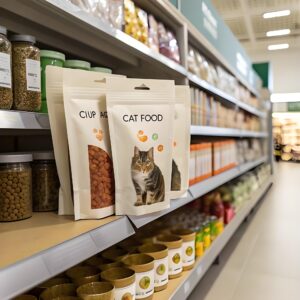 Retail display of pet food bagging packaging, sealed cat food stand-up pouches demonstrating professional small batch pet product packaging solutions
