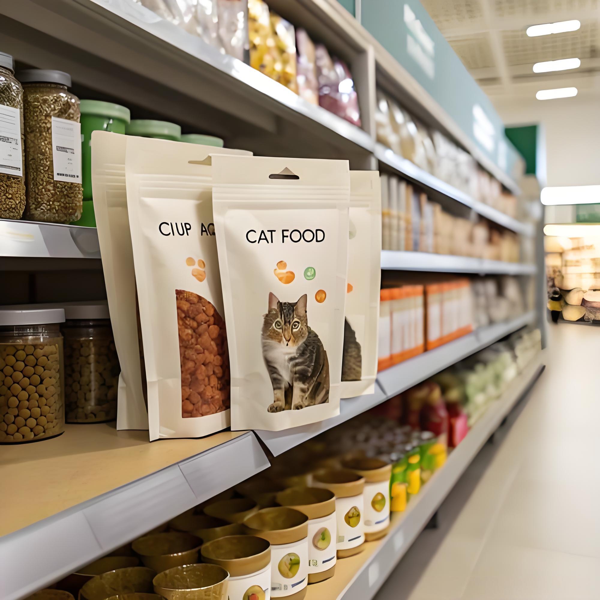 Retail display of pet food bagging packaging, sealed cat food stand-up pouches demonstrating professional small batch pet product packaging solutions