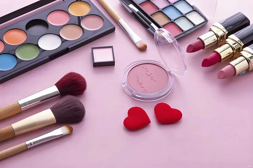 Flat lay of cosmetics like blush, lipstick, and eyeshadow, highlighting how UBL’s packaging solutions elevate product presentation and brand appeal for beauty brands.