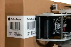 UBL corner wrap labeling machine applying labels to corrugated boxes, coffee bean carton labeling