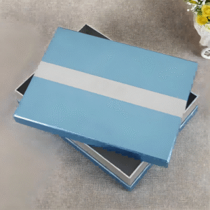 Light blue two-piece rigid cosmetic gift box, example of products made with a rigid box folding machine