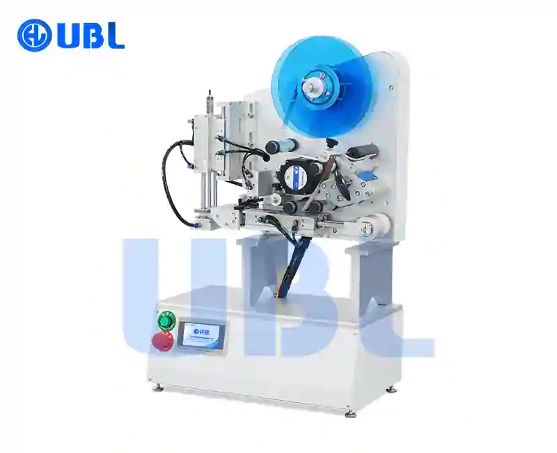 Benchtop Flat Surface Labeling Machine - compact desktop label applicator for precise sticker application on small products, boxes, and electronic devices in labs and workshops.