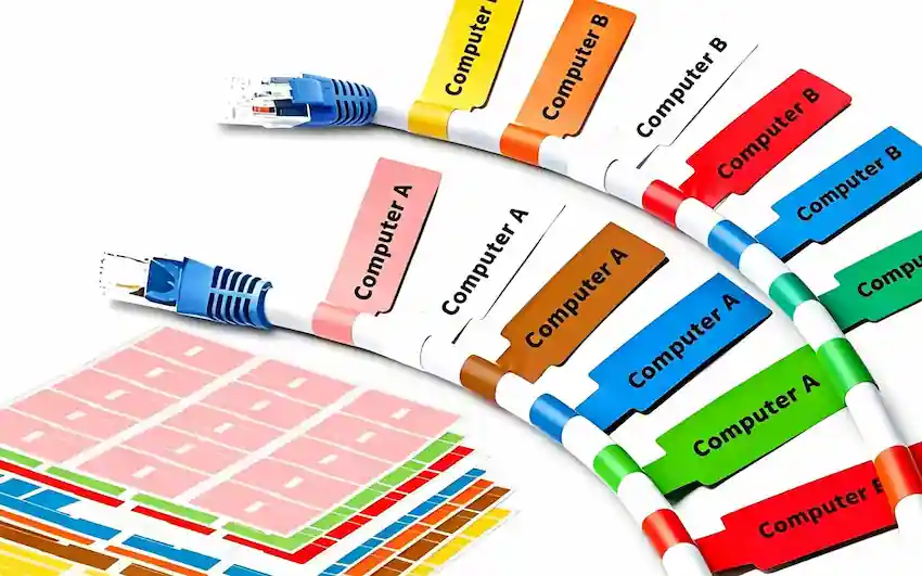 UBL wire and cable labeling machine applying color-coded labels to network and data cables