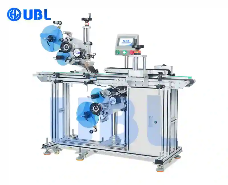 Fully Automatic Dual-Surface Labeling Machine for simultaneous top-bottom sticker application on boxes, electronic devices, and plastic containers.