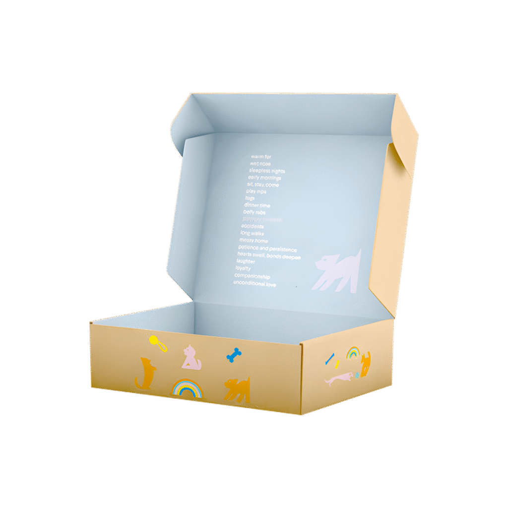 Open corrugated mailer box (shipping mailer box) for pet product packaging, showing colorful cat and dog print design
