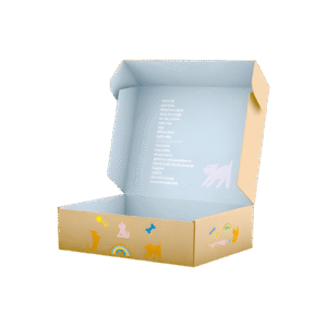 Open corrugated mailer box (shipping mailer box) for pet product packaging, showing colorful cat and dog print design