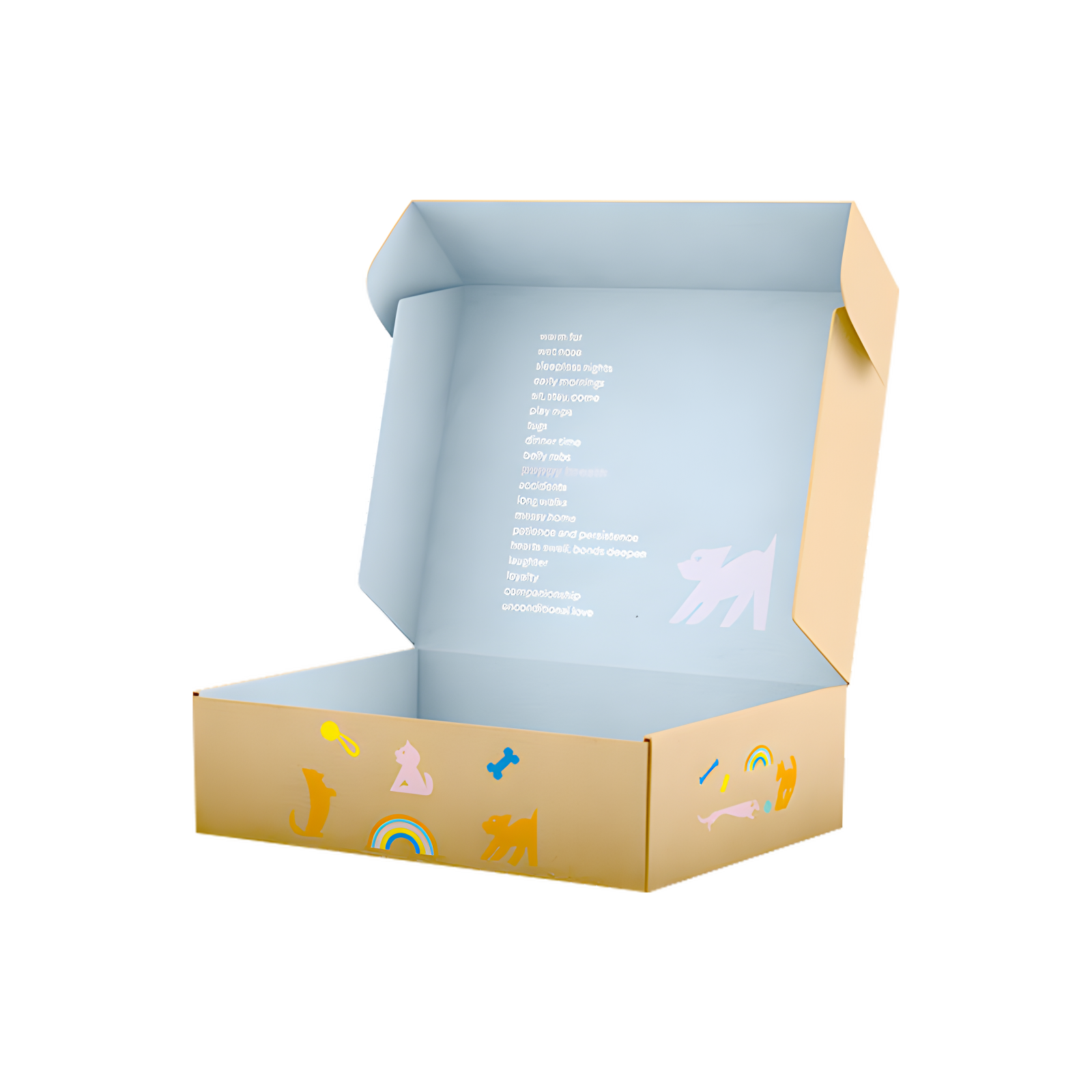 Open corrugated mailer box (shipping mailer box) for pet product packaging, showing colorful cat and dog print design