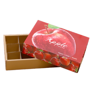 Lid-and-base rigid fruit box for apples, a typical product made by a rigid box folding machine