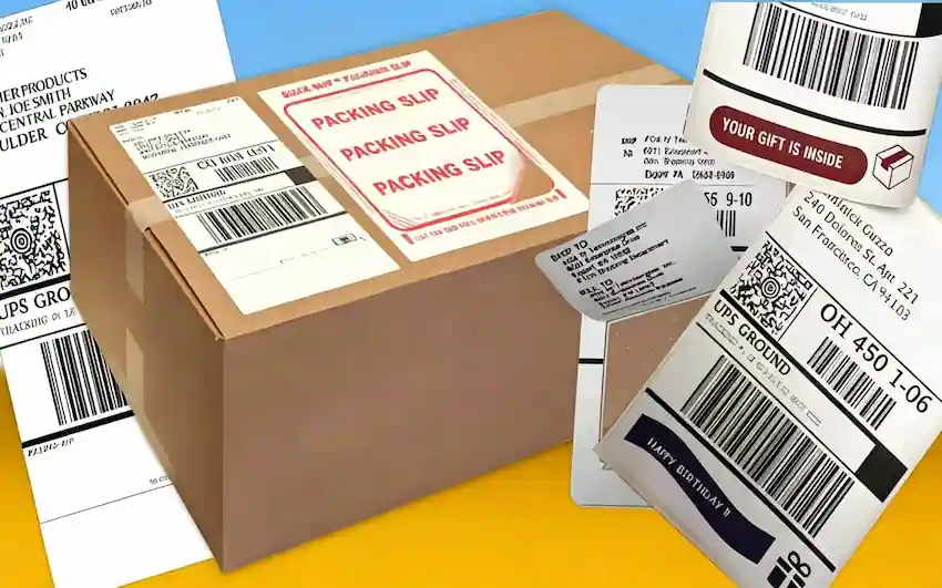 UBL flat surface labeling machine applying shipping labels, packing slips and custom stickers to e-commerce boxes