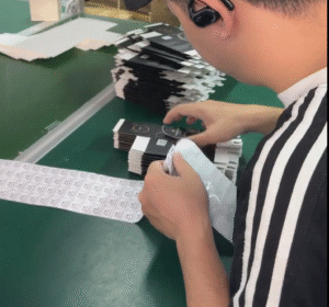 Worker manually applying labels to product boxes, showing the inefficiency and limitations of manual labeling compared to automatic labeling machines