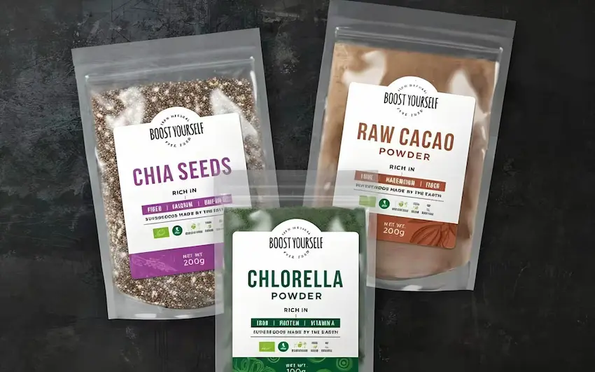 UBL automatic labeling machine applying printed product labels to food pouches and resealable bags