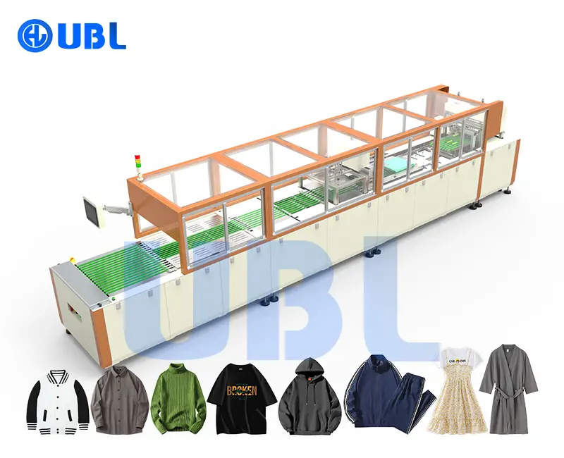 UBL FC-452A versatile folding and heat-cut packaging machine compatible with both thick and thin garments, ideal for hoodies, sweaters, and long-sleeve apparel.