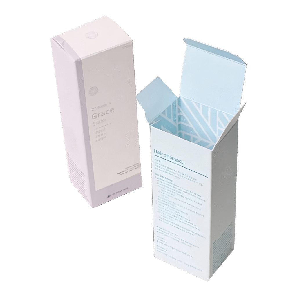 Two tuck end boxes, one closed and one open, showing straight tuck end box structure for cosmetic and hair shampoo packaging