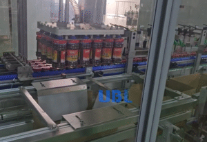 UBL full automatic chili sauce packaging line, robotic gripper grabbing glass chili bottles for carton packing, stainless steel food-grade packaging equipment for condiment factory