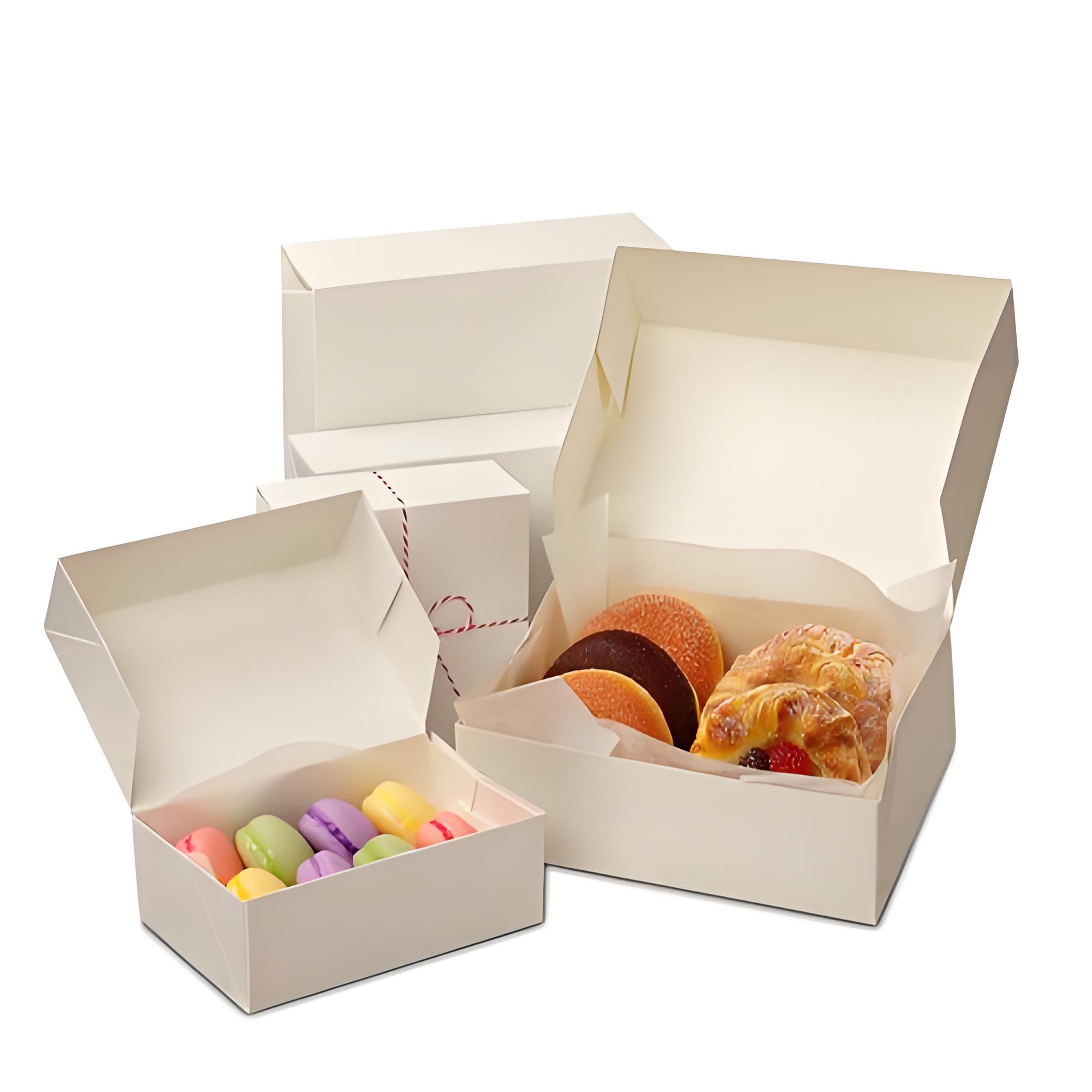 Blank white pastry and macaron packaging boxes for bakery, ideal product demo for food carton folding machine, automatic bakery carton folding & packing equipment for dessert takeaway containers