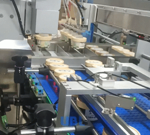 Robotic gripper picks grouped ice cream cups and feeds them into cartoning machine inlet, fully automated sorting & feeding system for Walmart ice cream packaging line