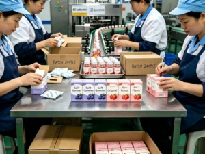 Workers manually fold cartons, insert desiccants and handwrite batch numbers on packaging boxes in a health supplement packaging workshop, showing the risk of mixing similar product batches during manual packaging.