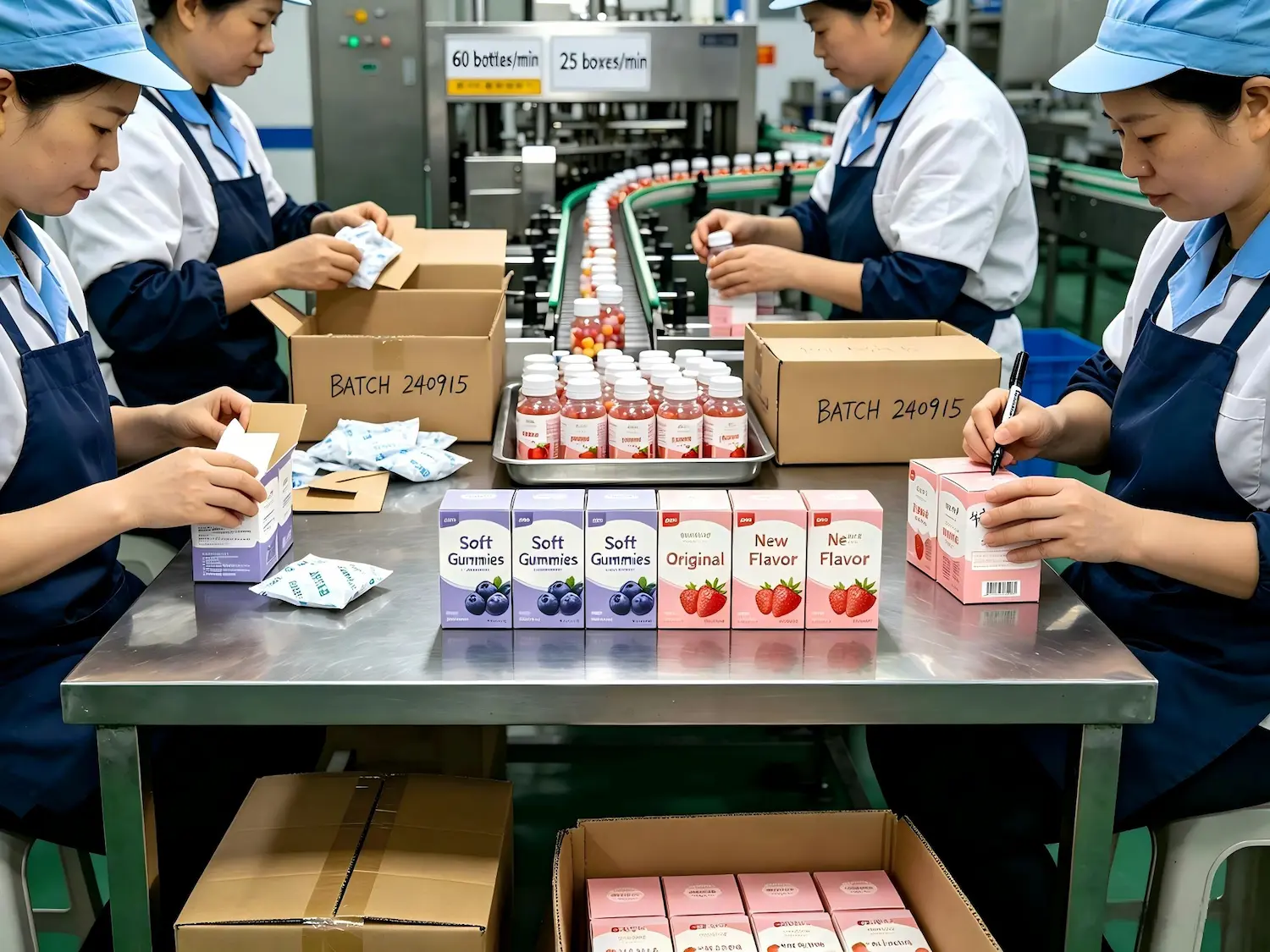 Workers manually fold cartons, insert desiccants and handwrite batch numbers on packaging boxes in a health supplement packaging workshop, showing the risk of mixing similar product batches during manual packaging.