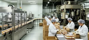 Health supplement production workshop, advanced bottle filling line and manual cartoning station. Workers fold boxes manually, revealing bottlenecks of low throughput, traceability risks and inconsistent packaging quality in manual carton packing process.