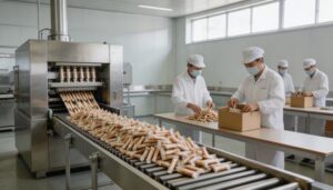Multi-lane stick pack bagger outputting sachets at high speed, with operators manually sorting and loading stick packs into cartons at downstream worktables — illustrating manual cartoning as the throughput bottleneck of the production line.