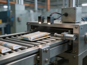 Optical double-sheet detection station on a stick pack cartoning line, with photoelectric sensors inspecting individual sachets on the roller conveyor to detect and reject stuck double packs before cartoning, preventing short-count quality defects.