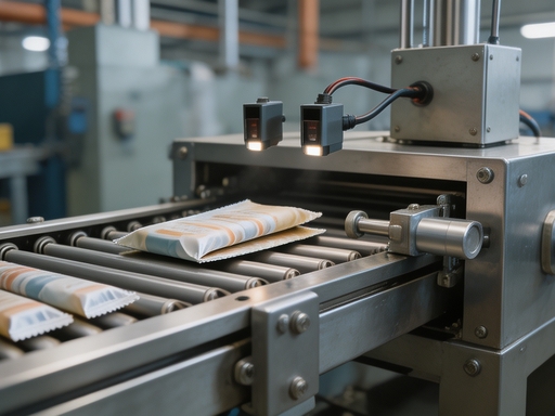 Optical double-sheet detection station on a stick pack cartoning line, with photoelectric sensors inspecting individual sachets on the roller conveyor to detect and reject stuck double packs before cartoning, preventing short-count quality defects.
