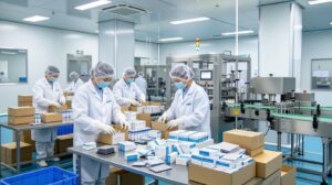 Pharmaceutical cleanroom with operators in full hygienic attire manually loading vials and blister packs into cartons at downstream workstations, illustrating manual cartoning as both a throughput bottleneck and a GMP compliance risk in regulated packaging operations.