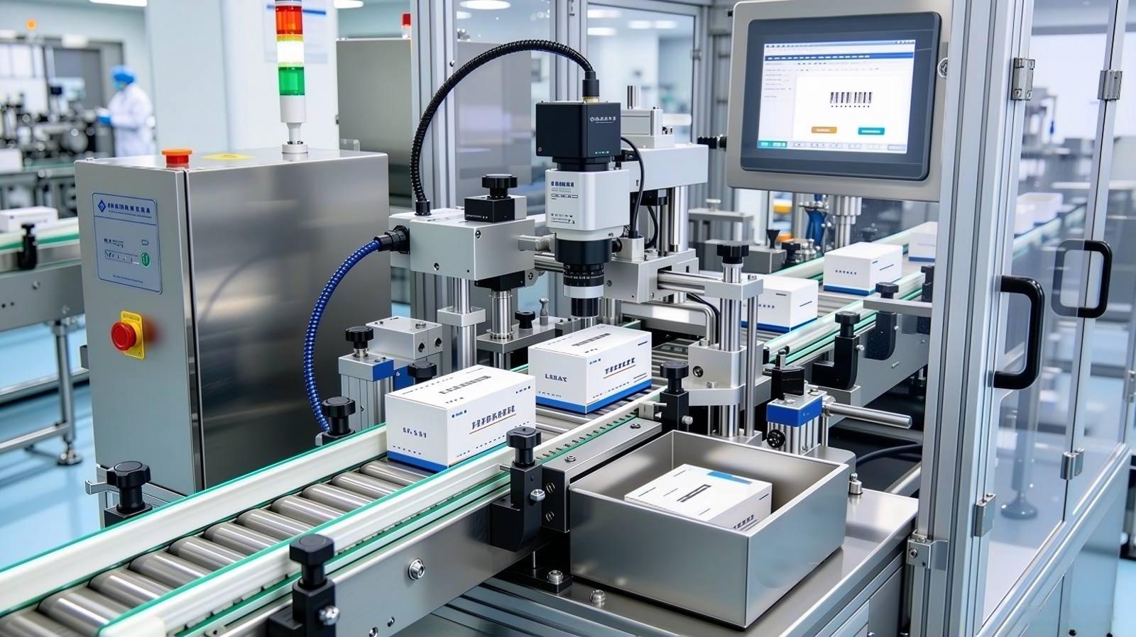 Serialization and vision verification station on a GMP-ready pharmaceutical cartoning line, with an integrated camera system inspecting printed codes on finished cartons and a dedicated reject compartment, built to support DSCSA and EU FMD product traceability requirements.